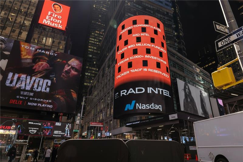 RAD Intel featured on Nasdaq billboard in Times Square at night